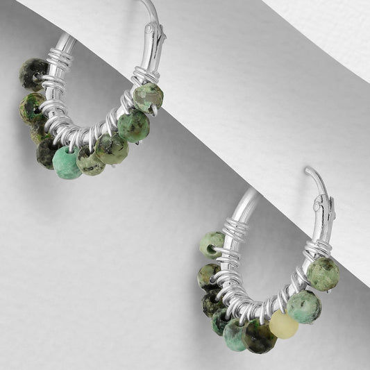 Turquoise Beaded Hoop Earrings - Sterling Silver .925 1.5cm