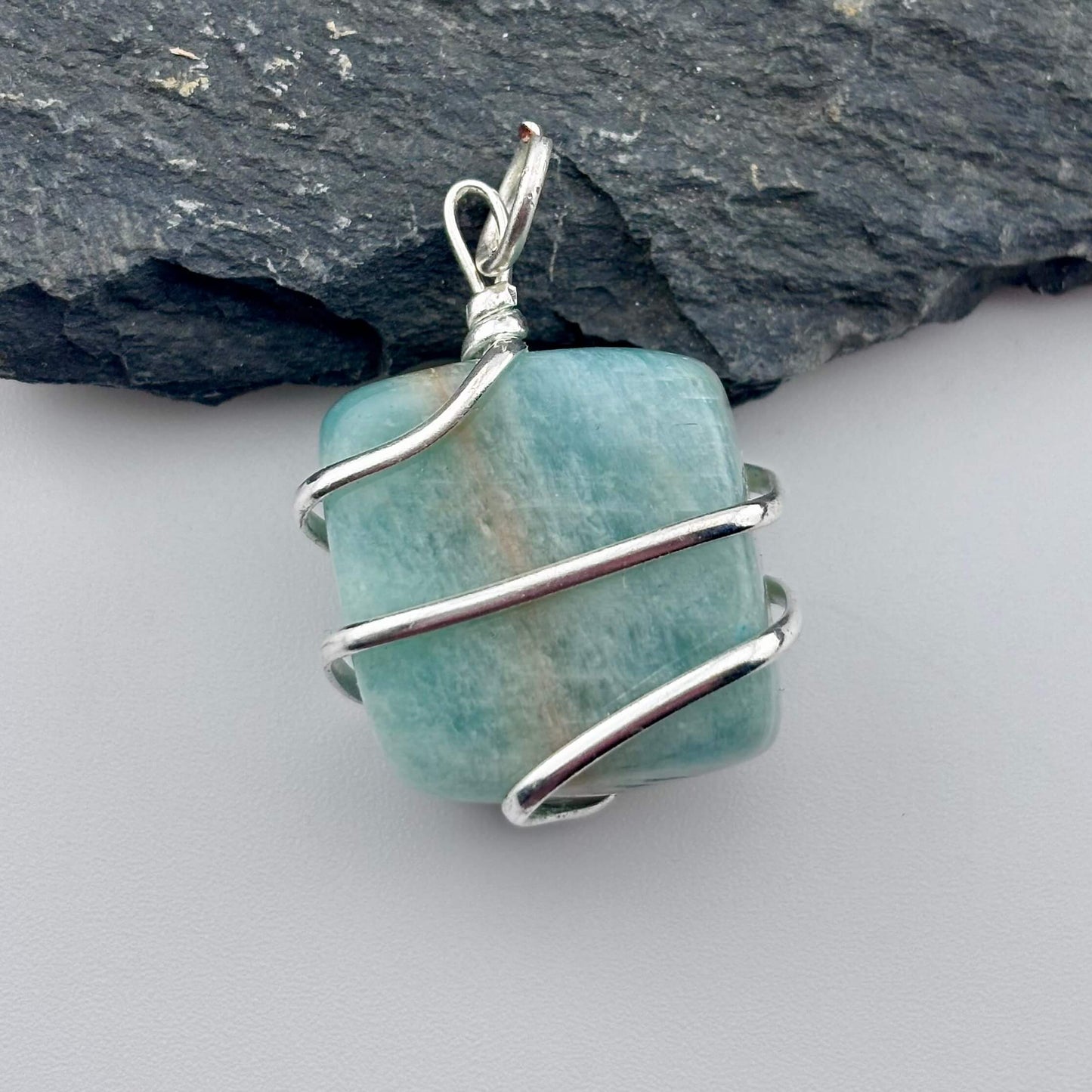 Amazonite Wire Wrapped Tumble Stone Pendant