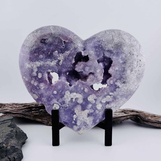 Large Brazilian Pink Amethyst Druzy Polished Heart on Stand - 1.05kg / 17 cms