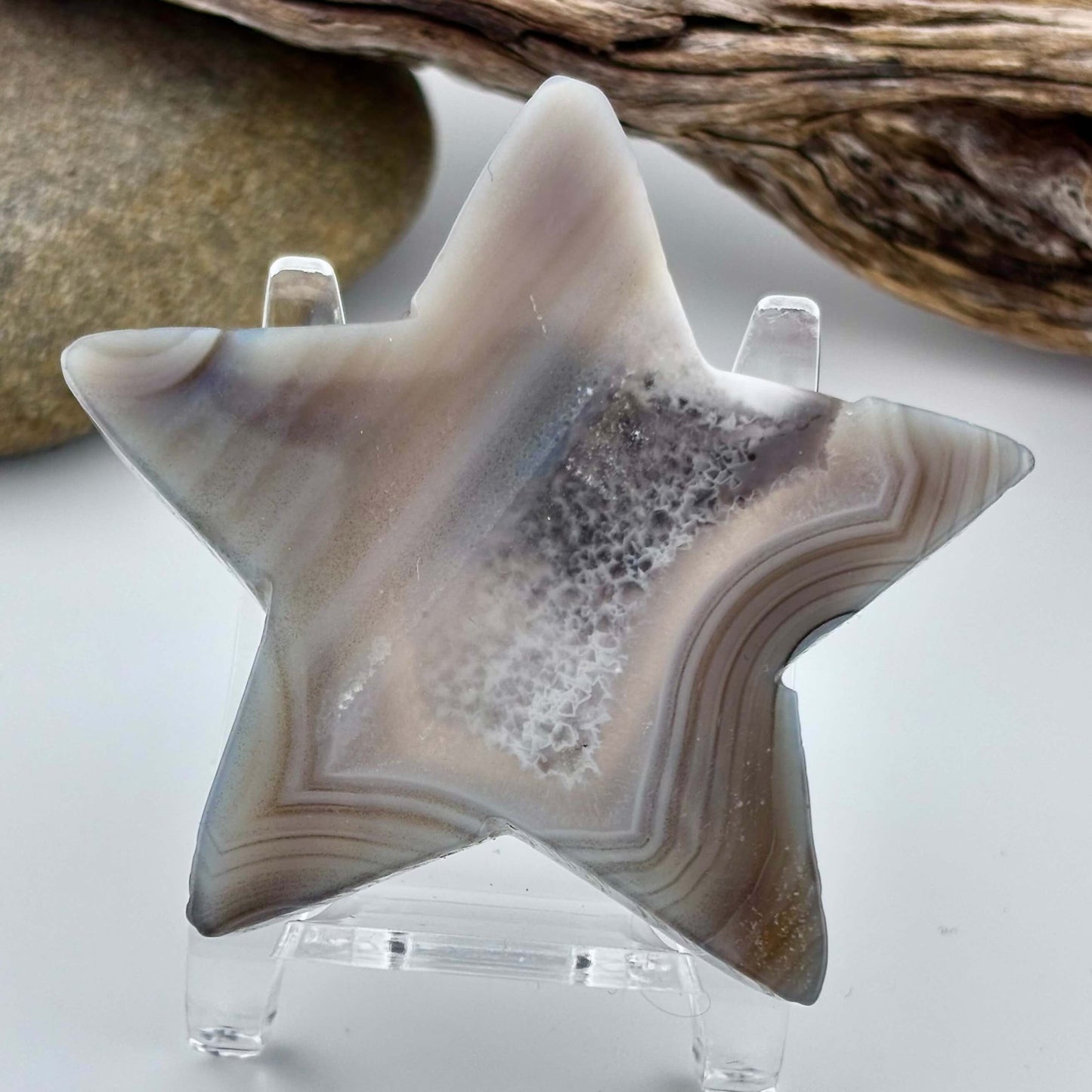 Carved Brazilian Natural Banded Grey Agate Druzy Star w stand - 61 grams / 7cm