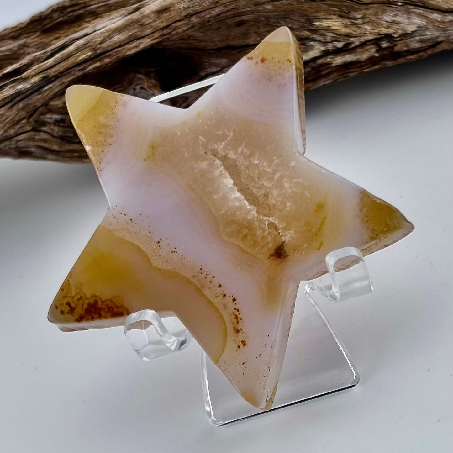 Carved Brazilian Natural Banded Yellow Agate Druzy Star w stand - 67 grams / 7cm