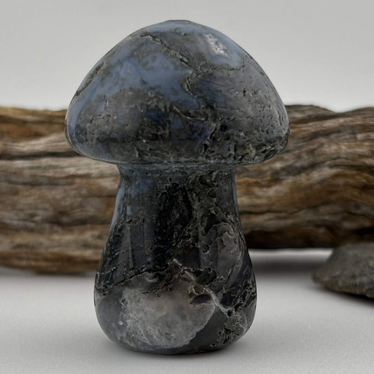 Decorative stone mushroom with a natural wood background