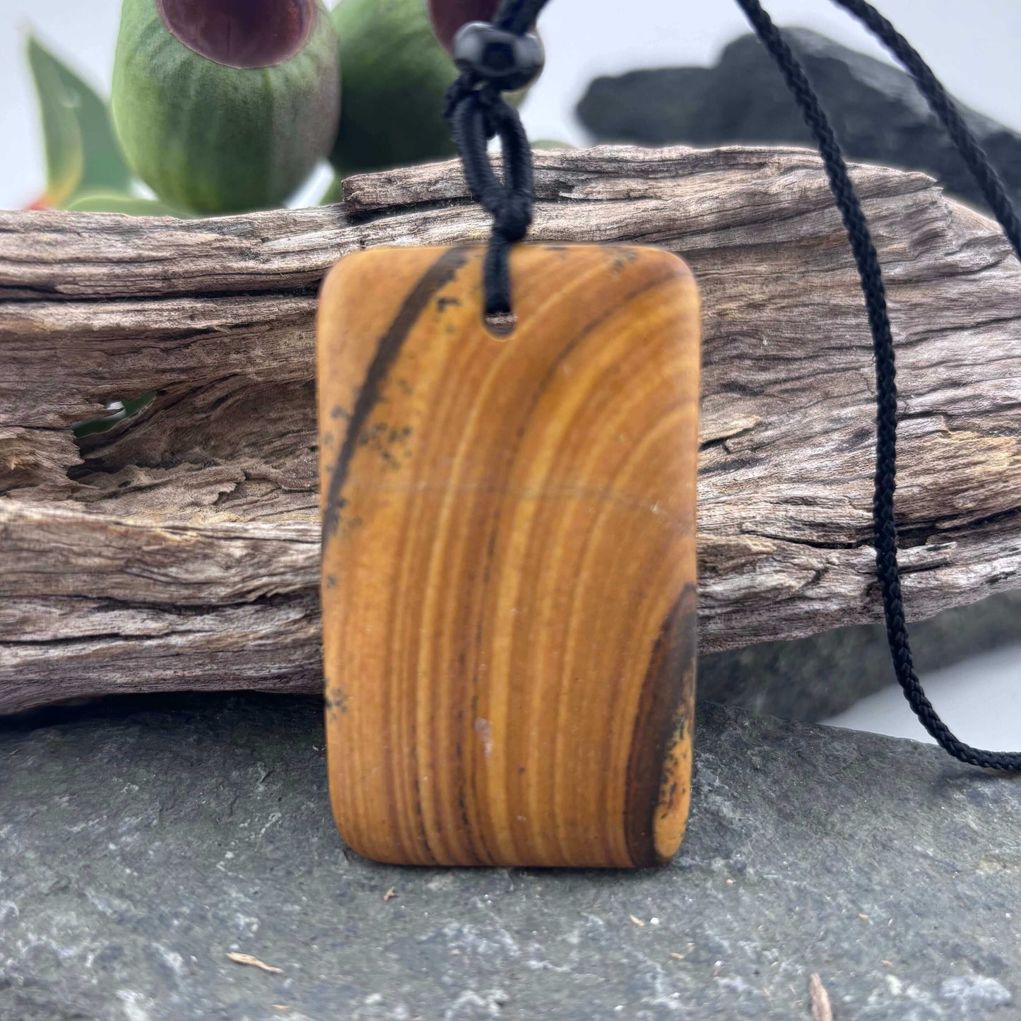 Rectangle Cabochon Picture Jasper Pendant on Rope