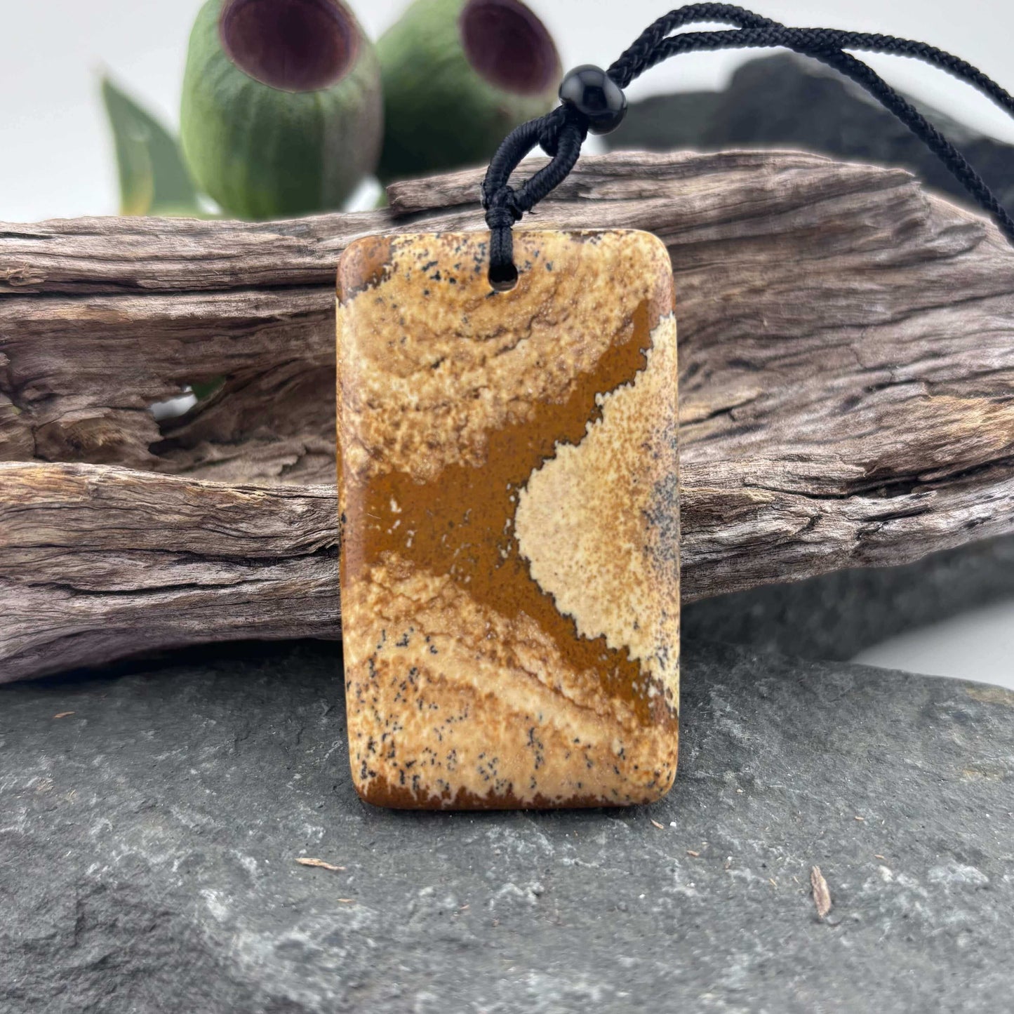Rectangle Cabochon Picture Jasper Pendant on Rope