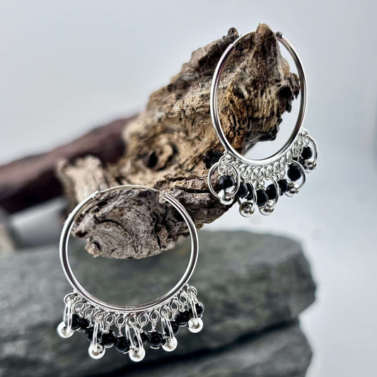 Black Onyx Beaded Hoop Earrings - Sterling Silver .925