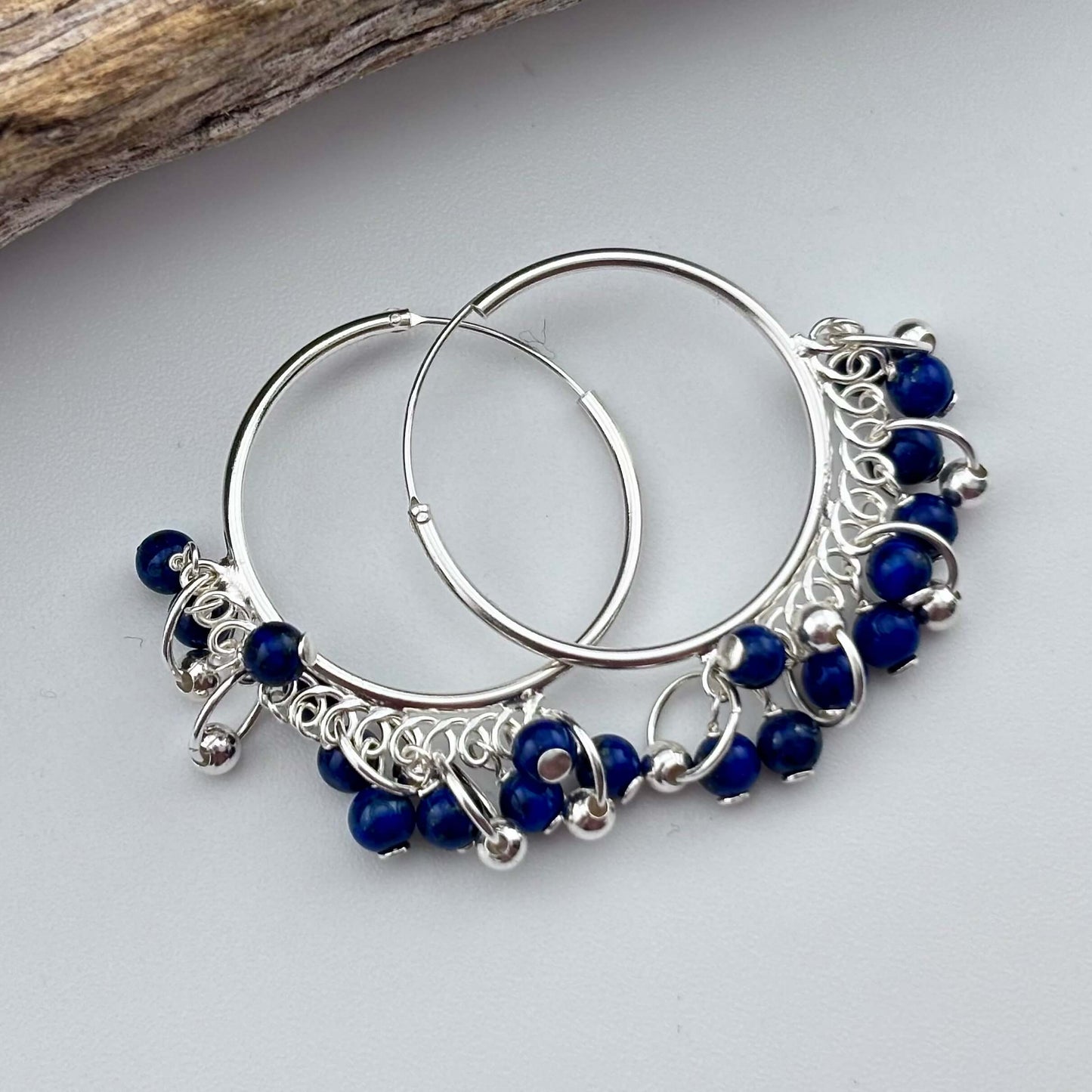 Lapis Lazuli Beaded Hoop Earrings - Sterling Silver .925