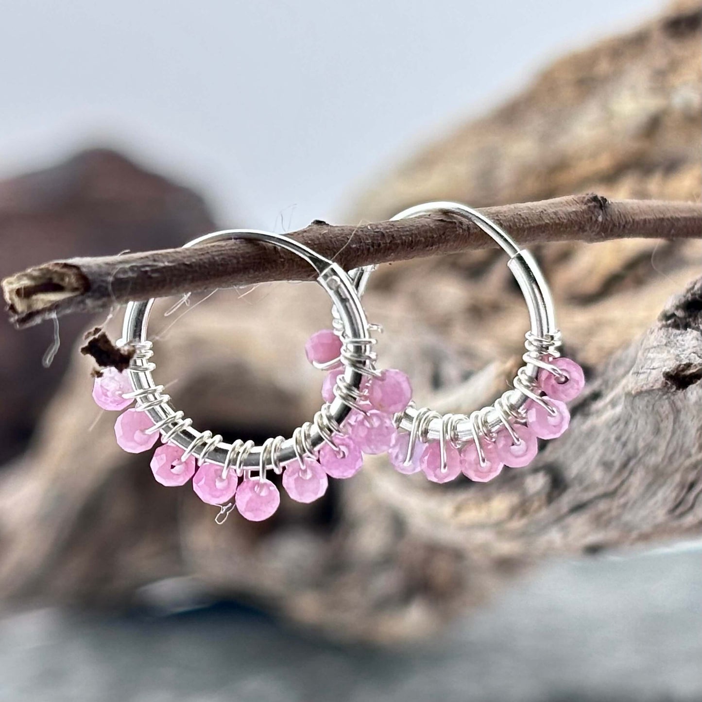 Pink Tourmaline Beaded Hoop Earrings - Sterling Silver .925 1.5cm