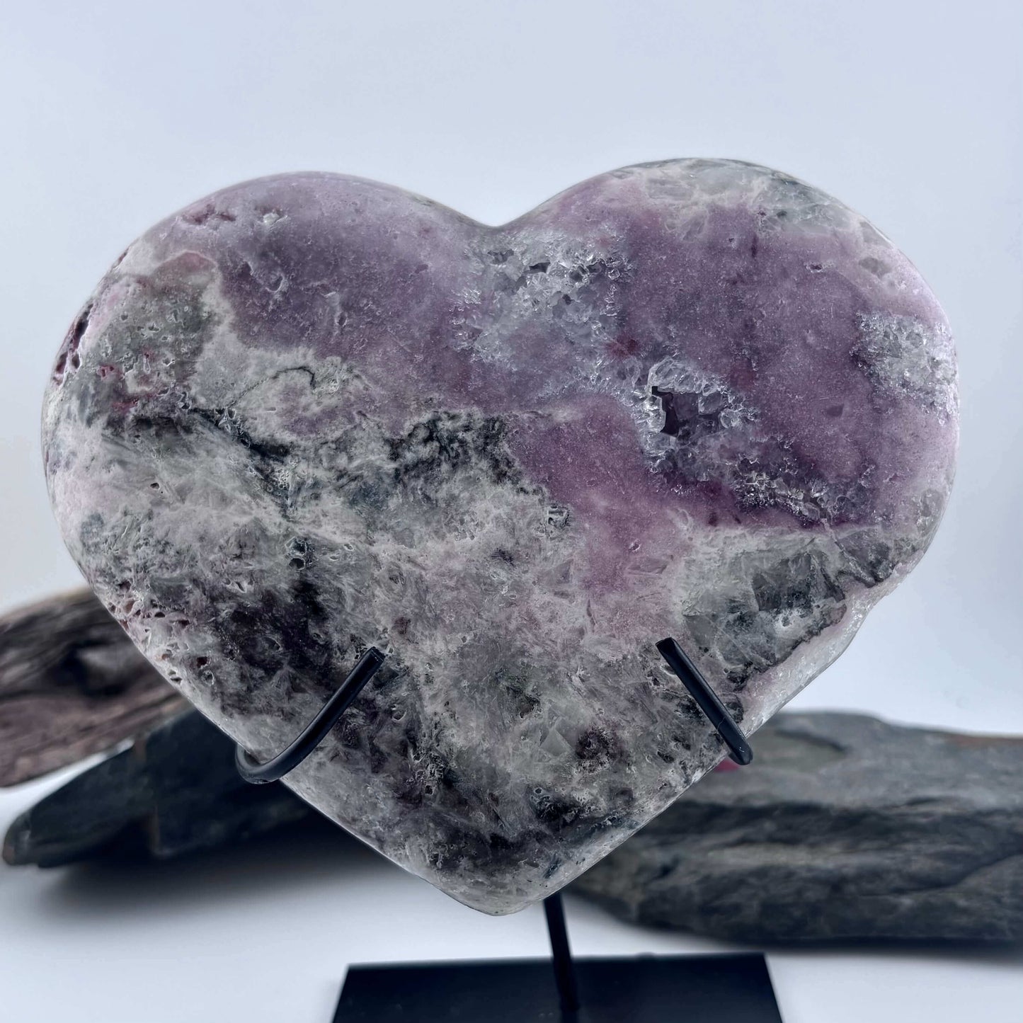 Large Brazilian Pink Amethyst Druzy Polished Heart on Stand - 670 grams / 16 cms