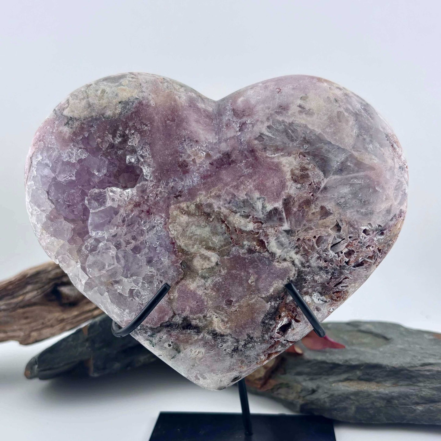 Large Brazilian Pink Amethyst Druzy Polished Heart on Stand - 670 grams / 16 cms