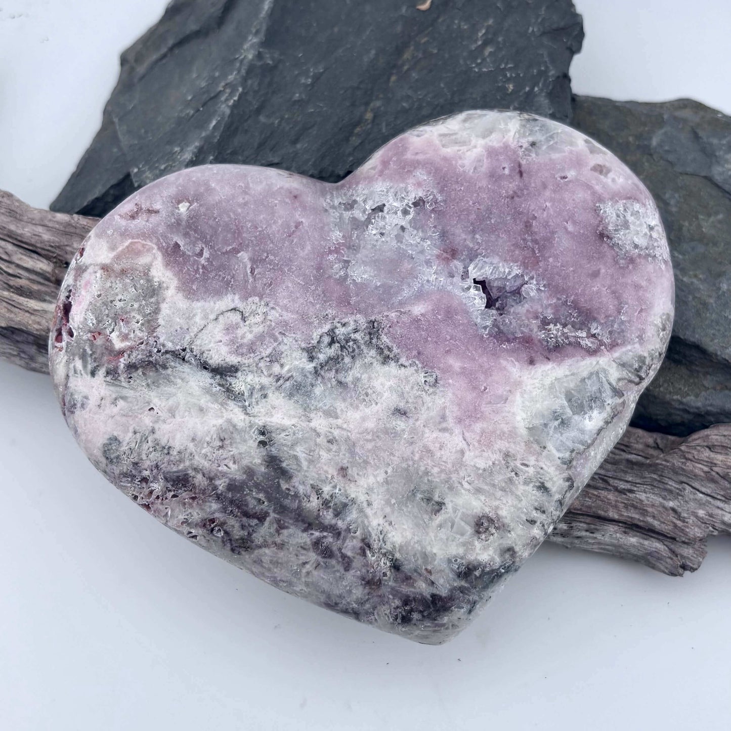 Large Brazilian Pink Amethyst Druzy Polished Heart on Stand - 670 grams / 16 cms