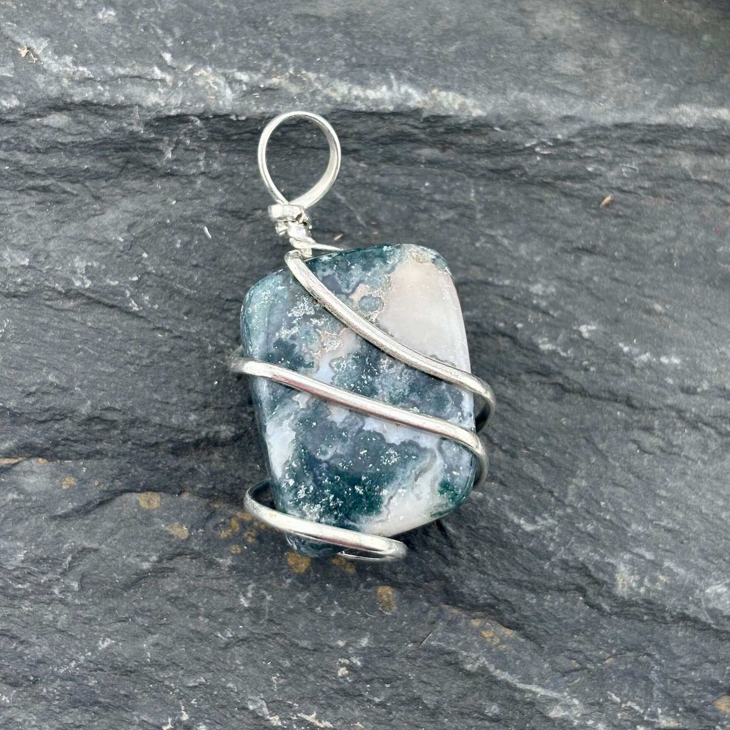 Moss Agate Wire Wrapped Tumble Stone Pendant