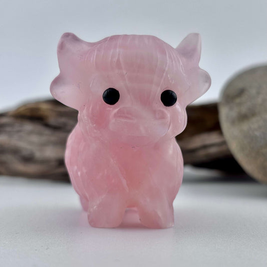 Rose Quartz Carved Highland Plateau Cow - 105 grams / 5 cm