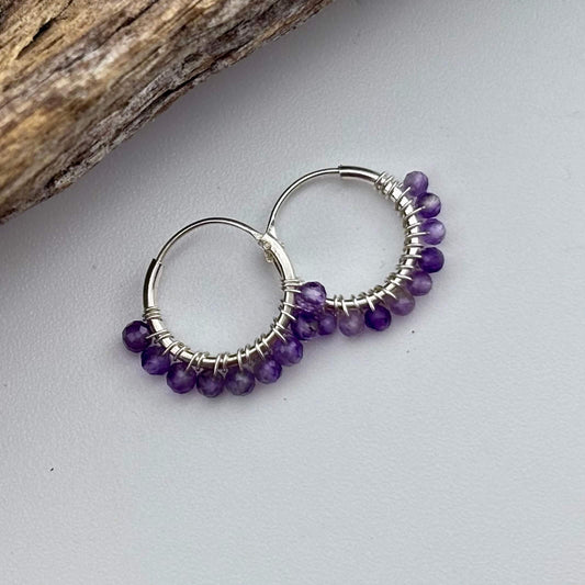 Amethyst Beaded Hoop Earrings - Sterling Silver .925 1.5cm