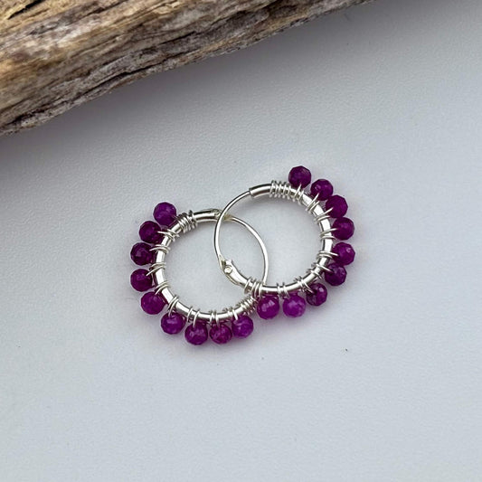 Ruby Beaded Hoop Earrings - Sterling Silver .925 1.5cm