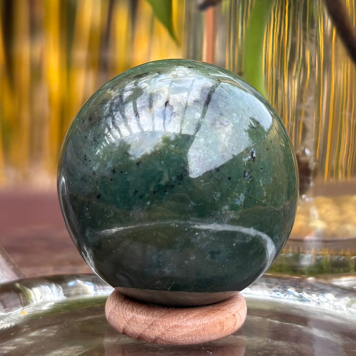 Moss Agate Sphere - 179 grams / 5 cms - With Free Wooden Sphere Stand