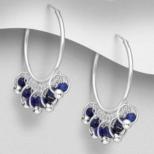 Lapis Lazuli Beaded Hoop Earrings - Sterling Silver .925