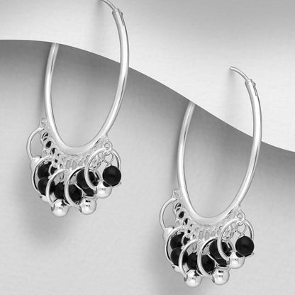 Black Onyx Beaded Hoop Earrings - Sterling Silver .925
