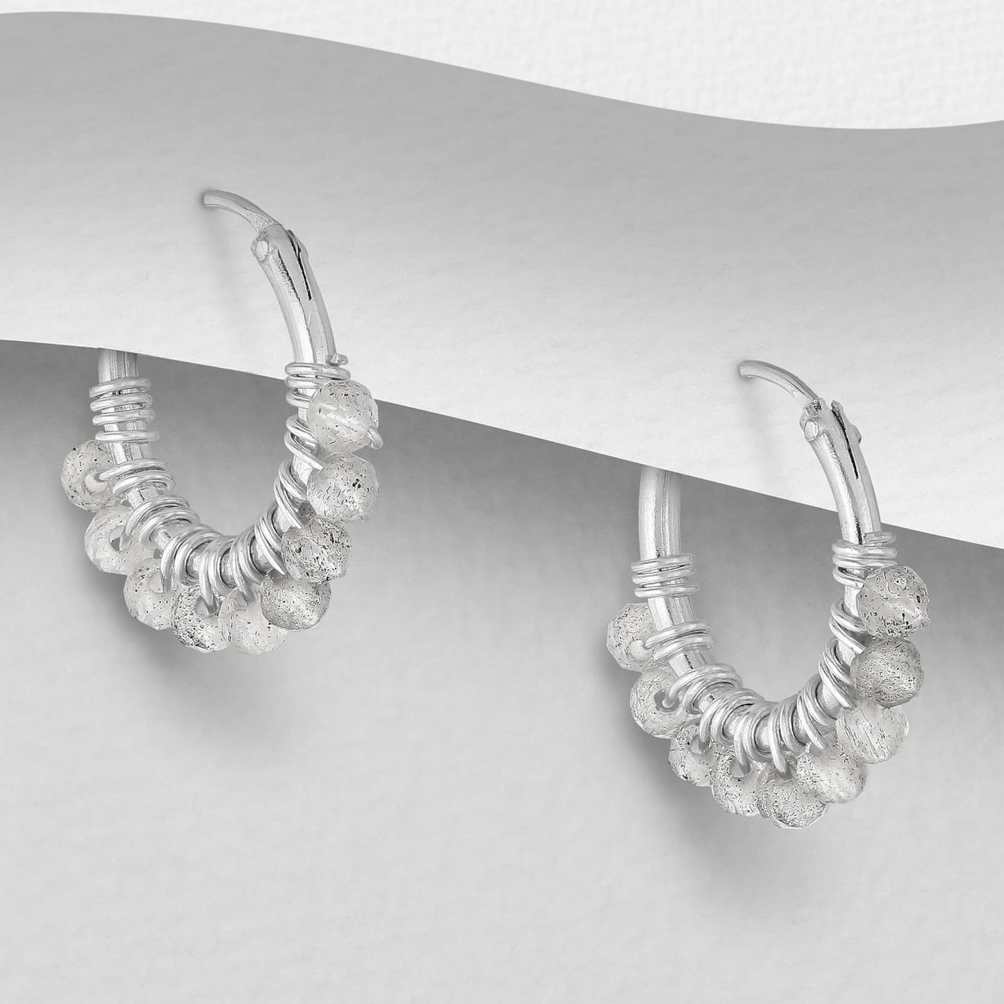 Labradorite Beaded Hoop Earrings - Sterling Silver .925 1.5cm