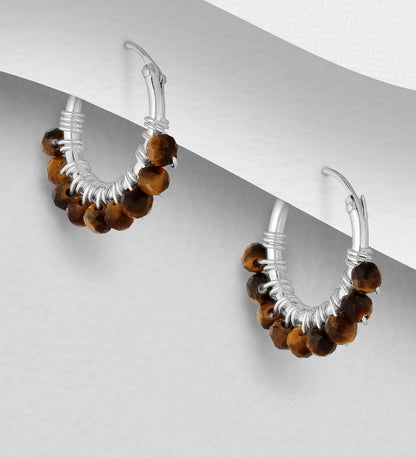 Tigers Eye Beaded Hoop Earrings - Sterling Silver .925 1.5cm