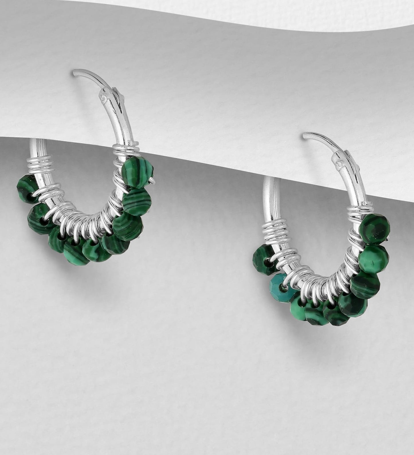 Malachite Beaded Hoop Earrings - Sterling Silver .925 1.5cm