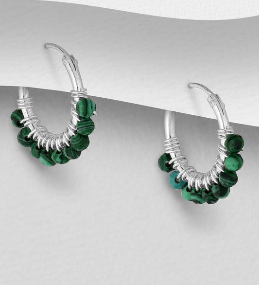 Malachite Beaded Hoop Earrings - Sterling Silver .925 1.5cm