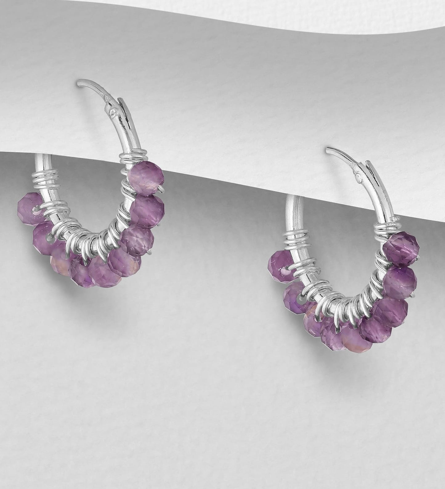 Amethyst Beaded Hoop Earrings - Sterling Silver .925 1.5cm