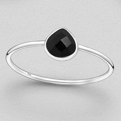 Facetted Teardrop Black Onyx Ring Sterling Silver .925 SZ US 7 / 17.5MM