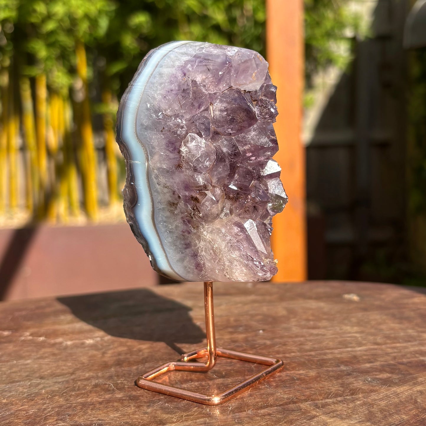 Unique Brazilian Amethyst w Agate Freeform Display Pc on stand - 265 grams