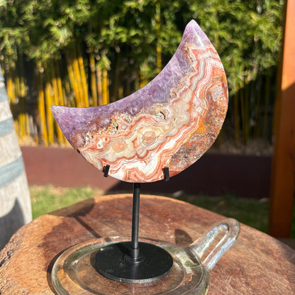 Unique Crazy Lace Agate & Amethyst Moon on Stand - 280 grams