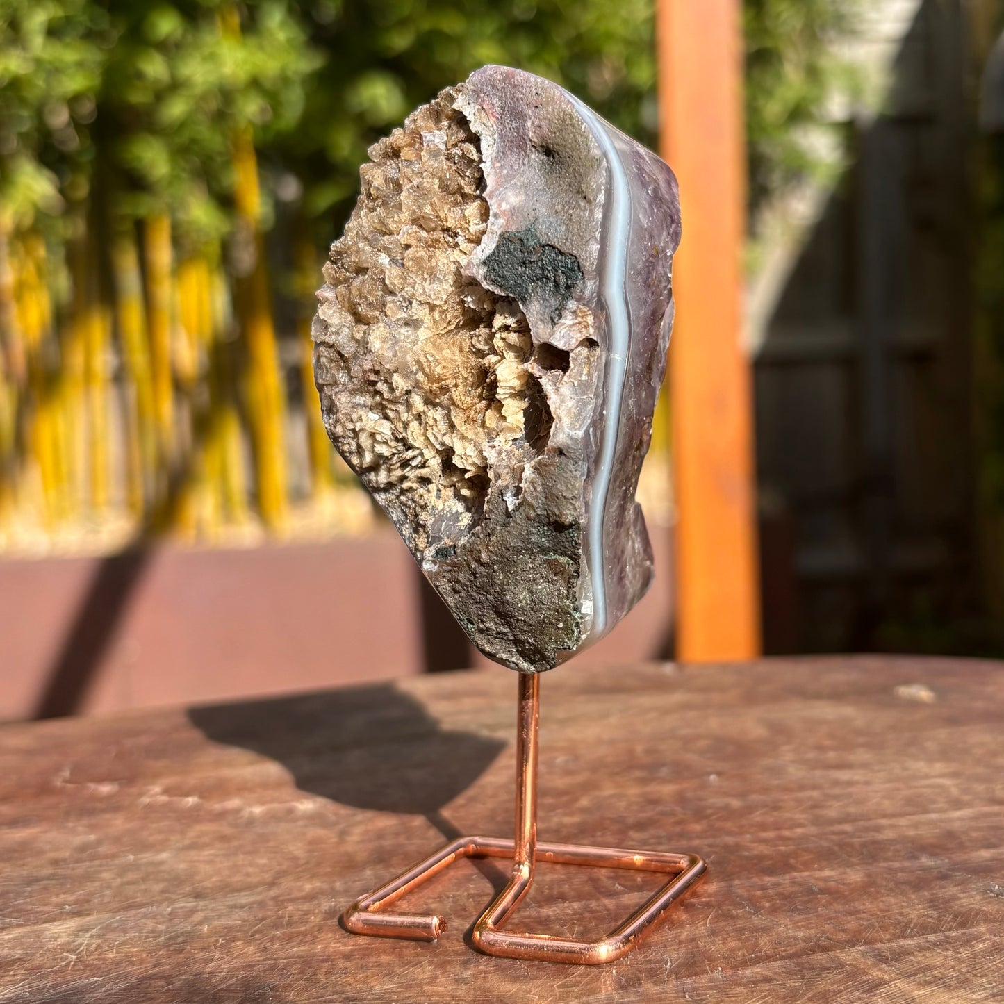 Unique Brazilian Amethyst w Agate Freeform Display Pc on stand - 265 grams