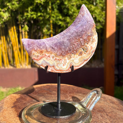 Unique Crazy Lace Agate & Amethyst Moon on Stand - 280 grams