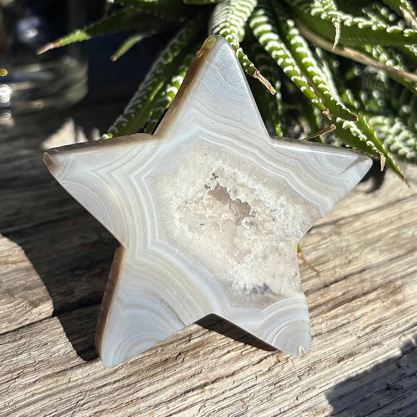 Carved Brazilian Natural Banded Grey Agate Druzy Star w stand - 61 grams / 7cm