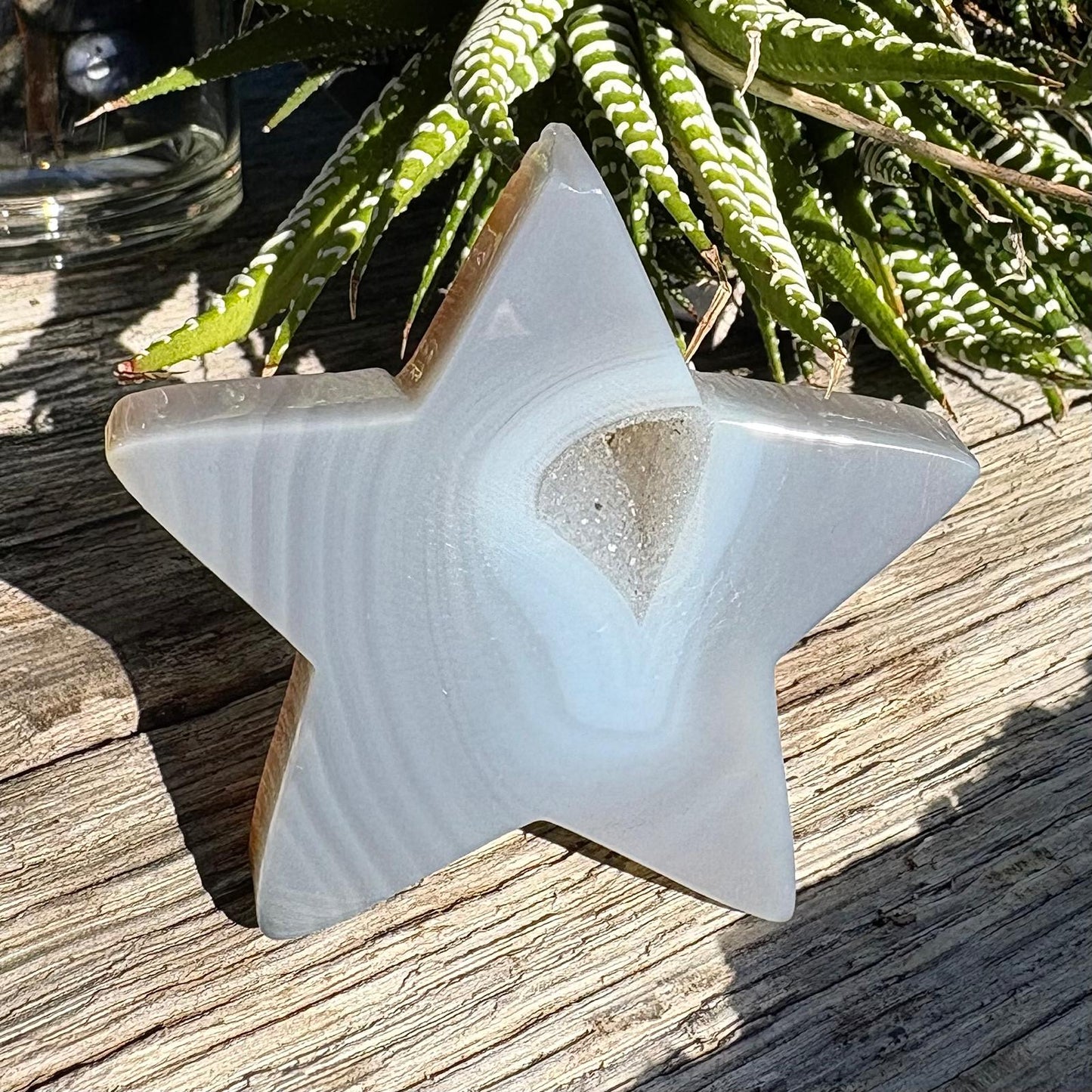 Carved Brazilian Natural Banded Grey Agate Druzy Star w stand - 61 grams / 6.5cm