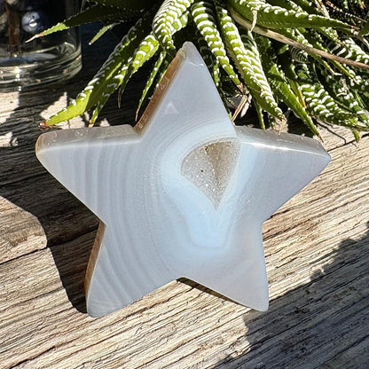 Carved Brazilian Natural Banded Grey Agate Druzy Star w stand - 61 grams / 6.5cm