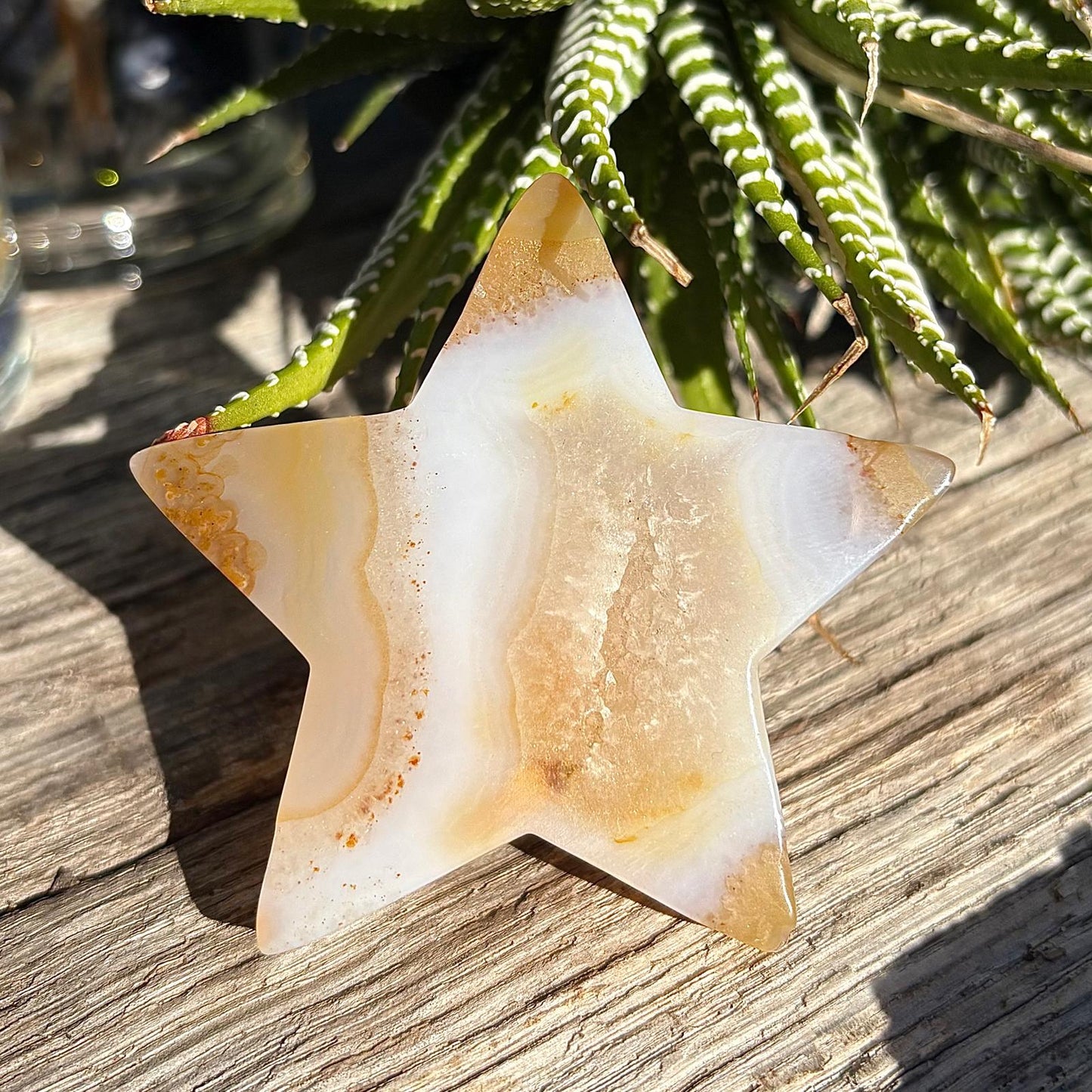 Carved Brazilian Natural Banded Yellow Agate Druzy Star w stand - 67 grams / 7cm