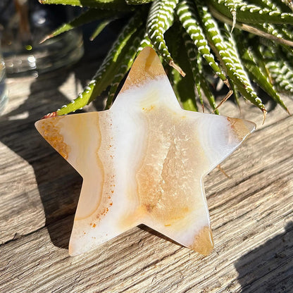 Carved Brazilian Natural Banded Yellow Agate Druzy Star w stand - 67 grams / 7cm