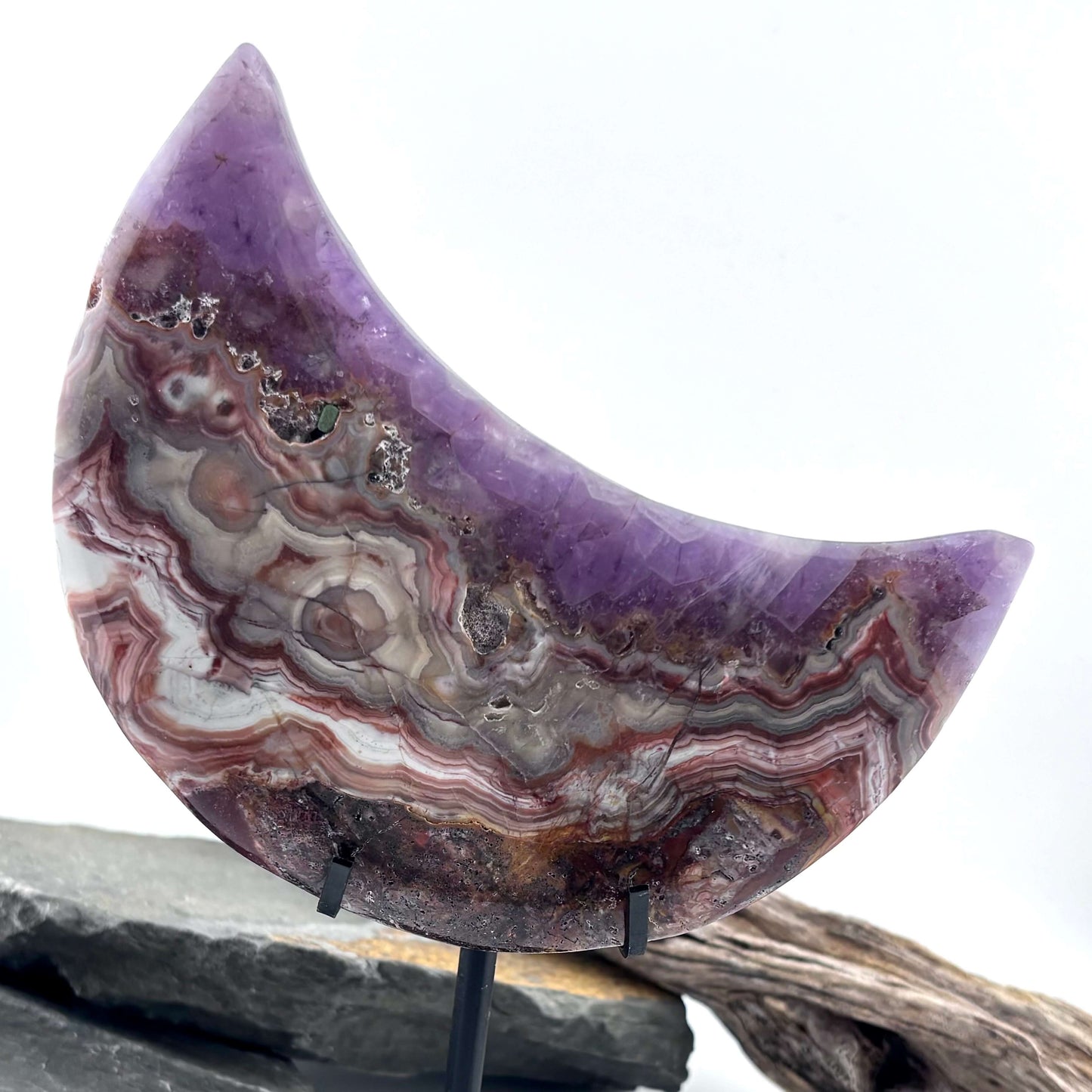 Unique Crazy Lace Agate & Amethyst Moon on Stand - 280 grams