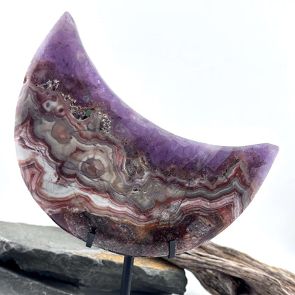 Unique Crazy Lace Agate & Amethyst Moon on Stand - 280 grams