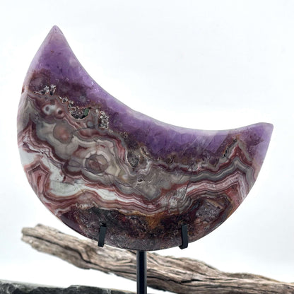 Unique Crazy Lace Agate & Amethyst Moon on Stand - 280 grams