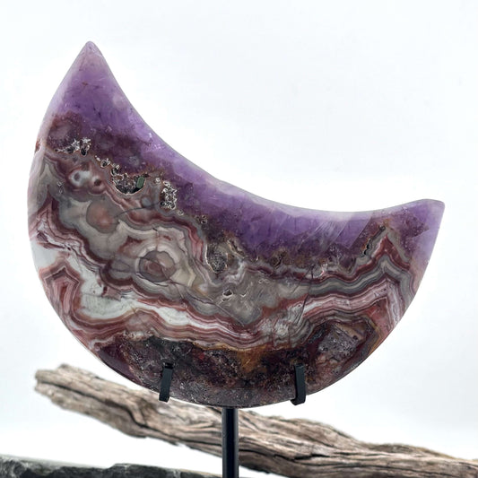 Unique Crazy Lace Agate & Amethyst Moon on Stand - 280 grams