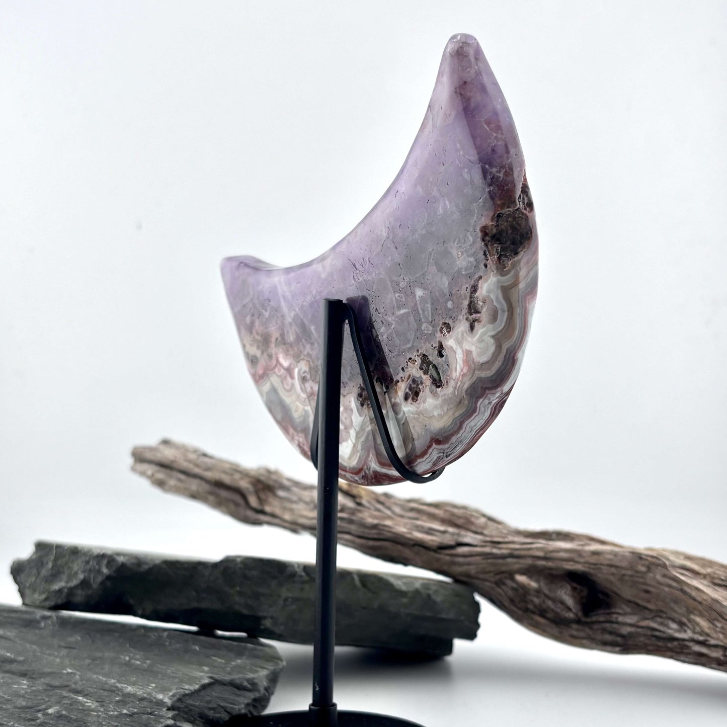 Unique Crazy Lace Agate & Amethyst Moon on Stand - 280 grams