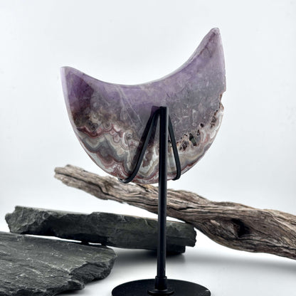 Unique Crazy Lace Agate & Amethyst Moon on Stand - 280 grams