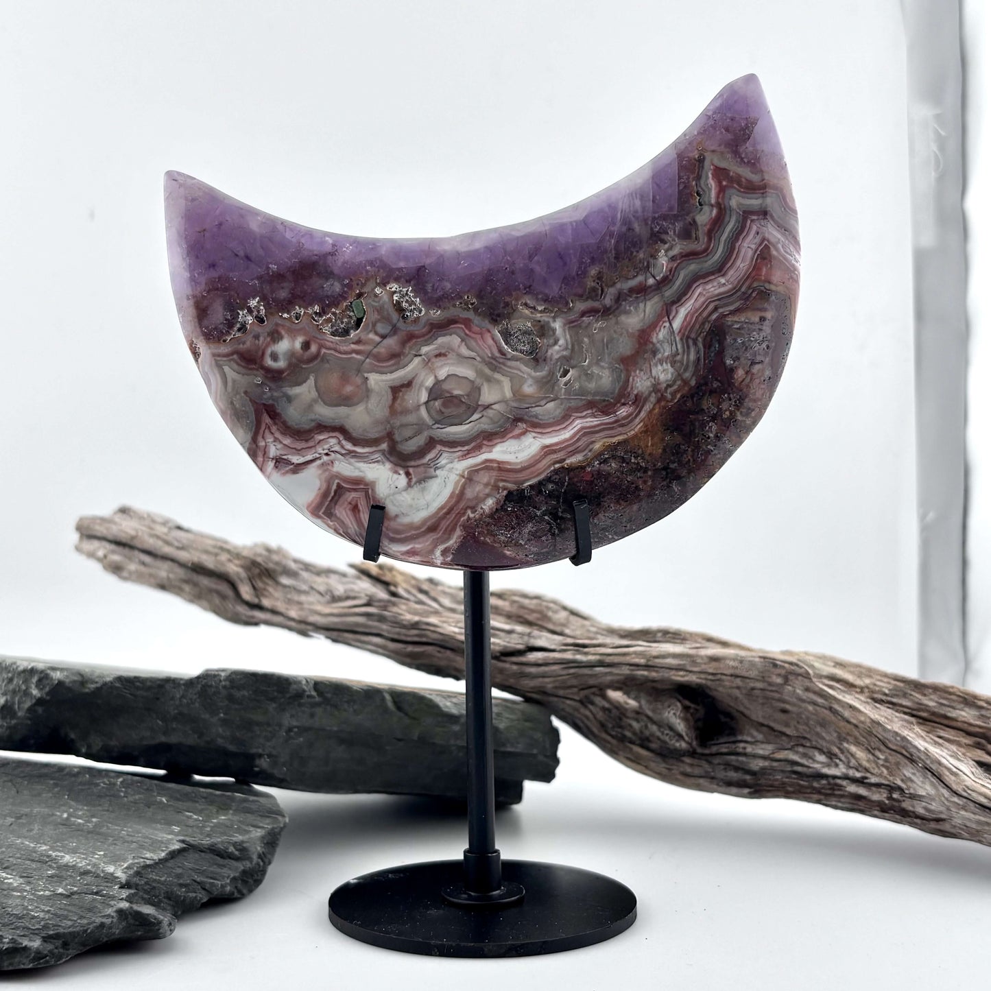 Unique Crazy Lace Agate & Amethyst Moon on Stand - 280 grams