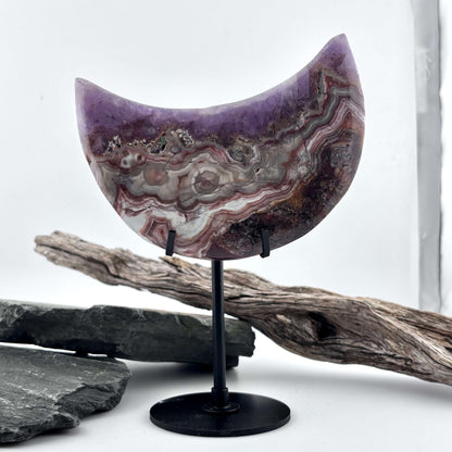 Unique Crazy Lace Agate & Amethyst Moon on Stand - 280 grams