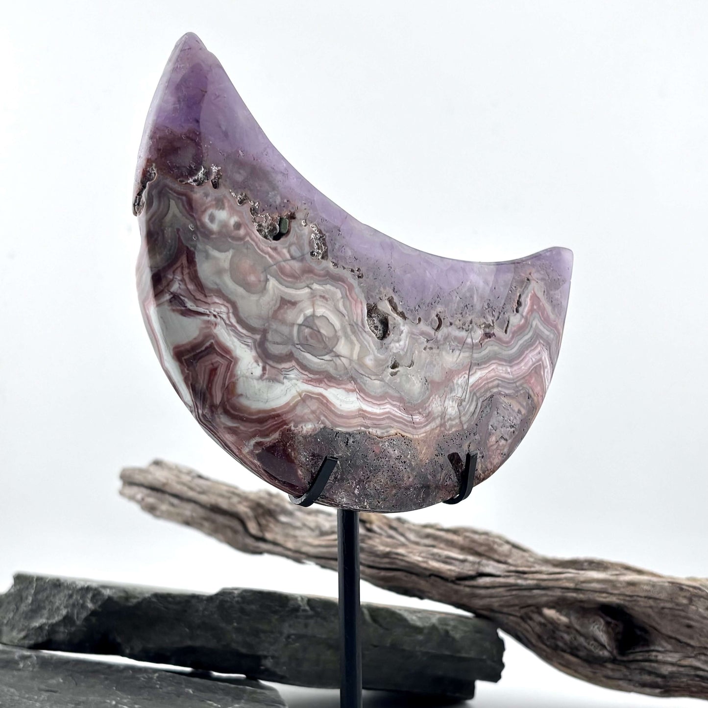 Unique Crazy Lace Agate & Amethyst Moon on Stand - 280 grams