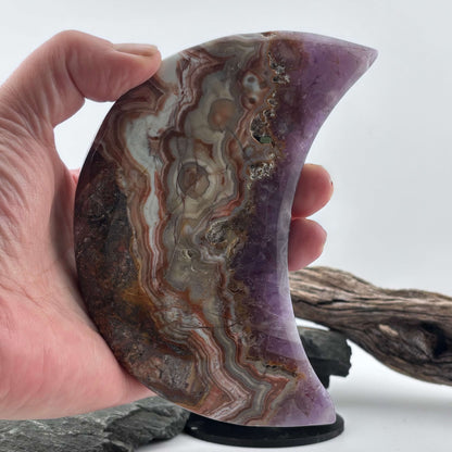 Unique Crazy Lace Agate & Amethyst Moon on Stand - 280 grams