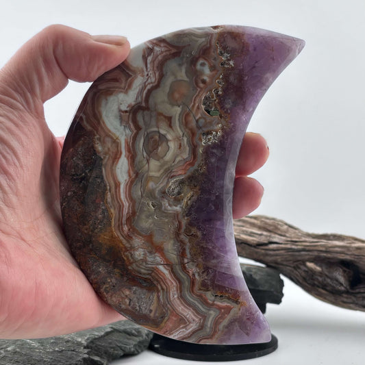 Unique Crazy Lace Agate & Amethyst Moon on Stand - 280 grams