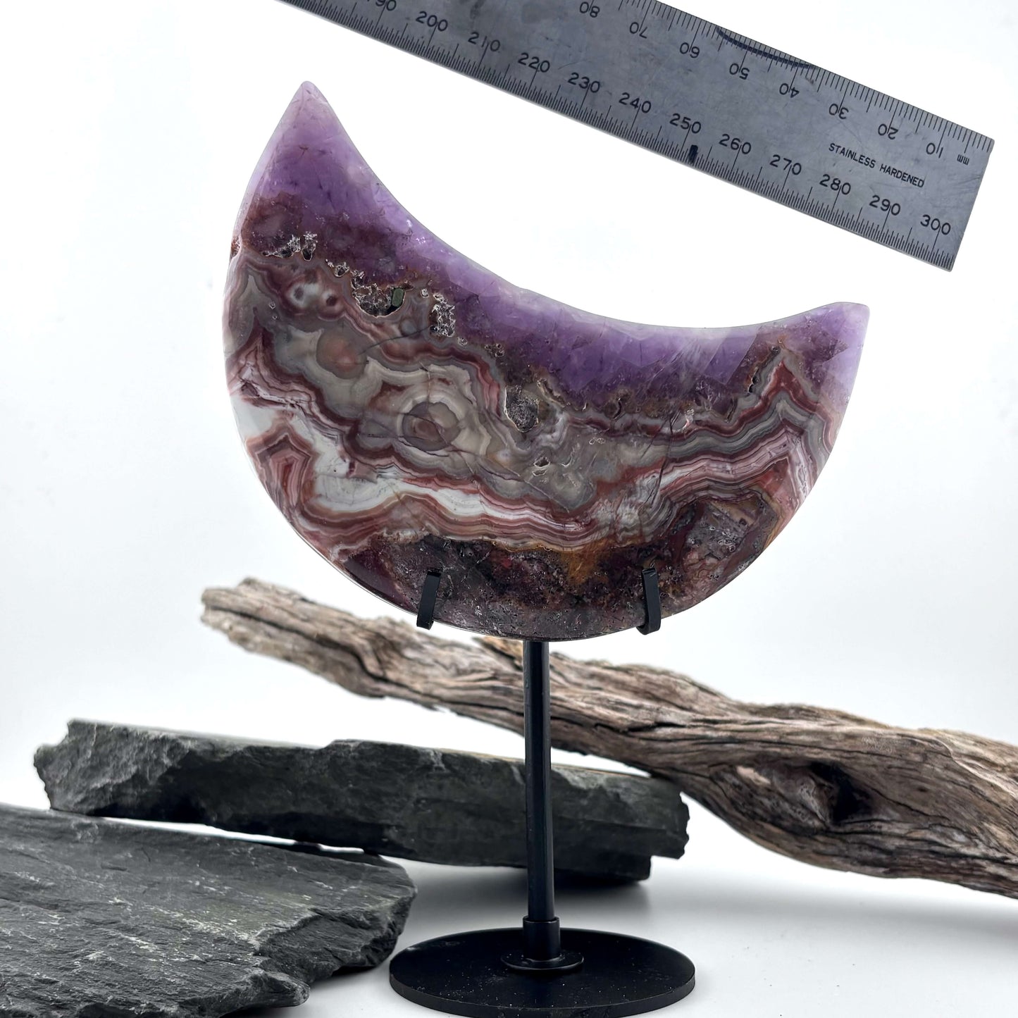 Unique Crazy Lace Agate & Amethyst Moon on Stand - 280 grams