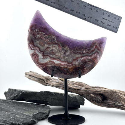 Unique Crazy Lace Agate & Amethyst Moon on Stand - 280 grams
