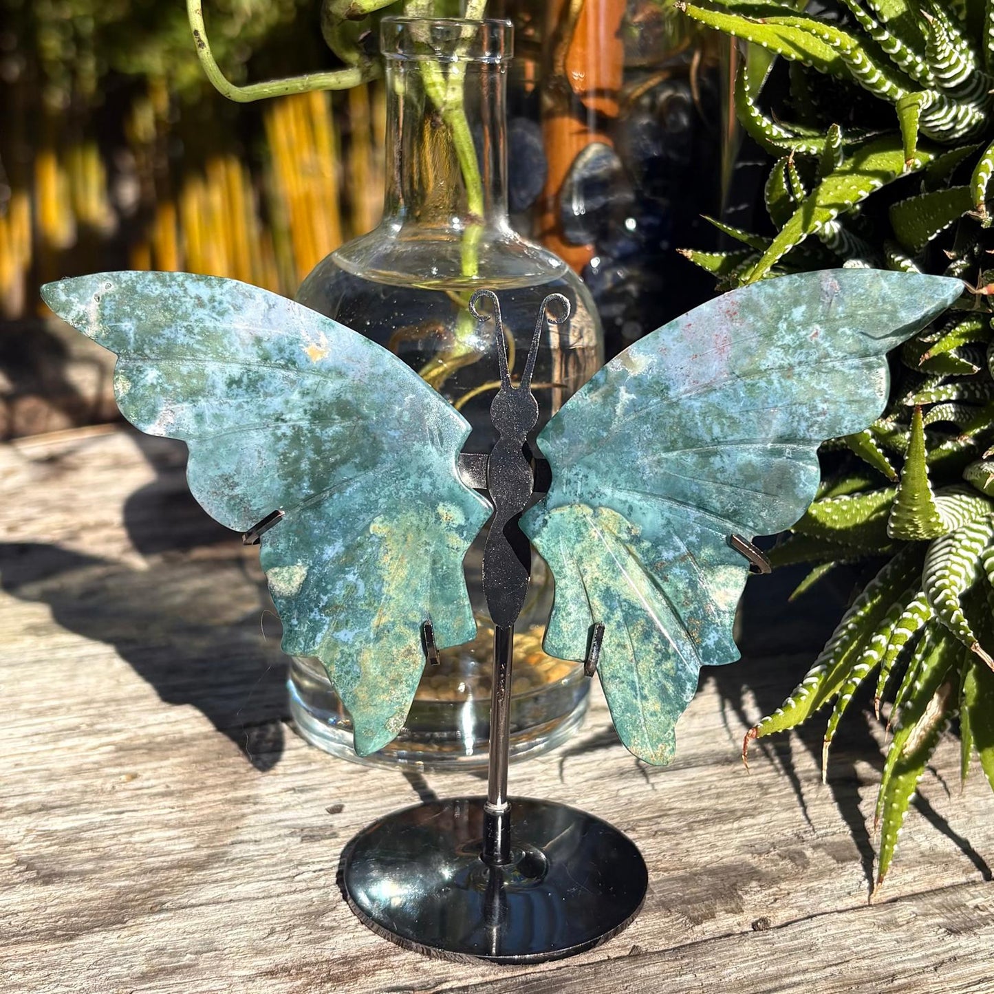 Moss Agate Carved Butterfly 0n Stand - 106 grams / 13 cm Tall